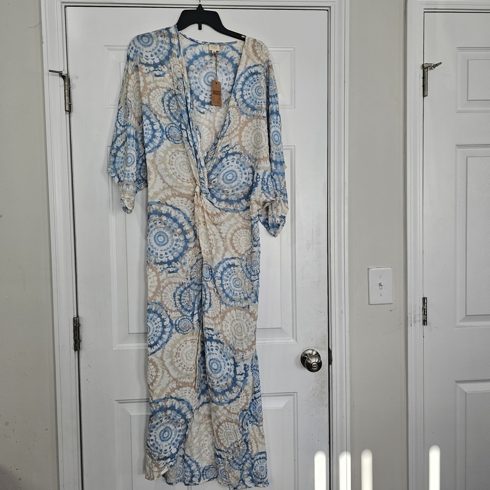Surf Gypsy Blue and Cream Maxi Coverup Size Small Coastal Boho